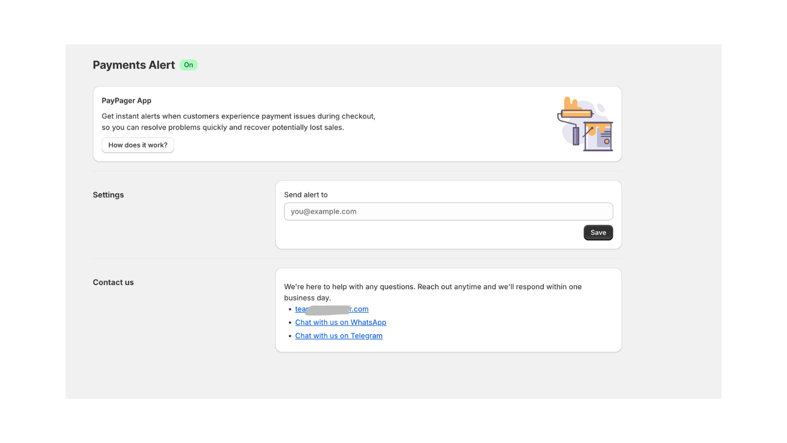settings page of the app