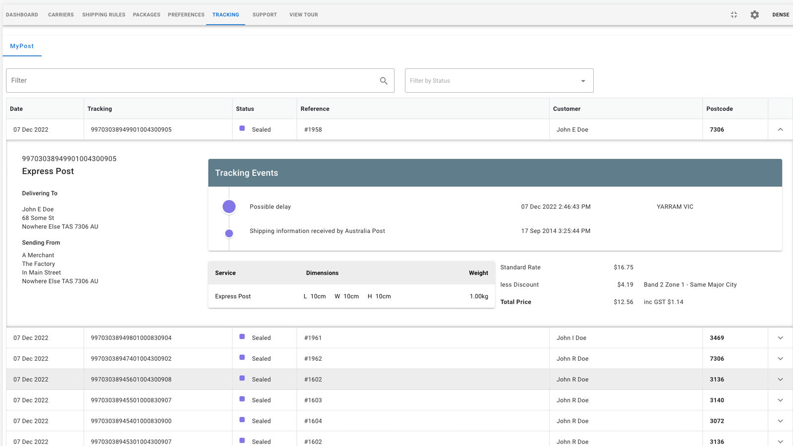 View tracking information for all of your MyPost shipments