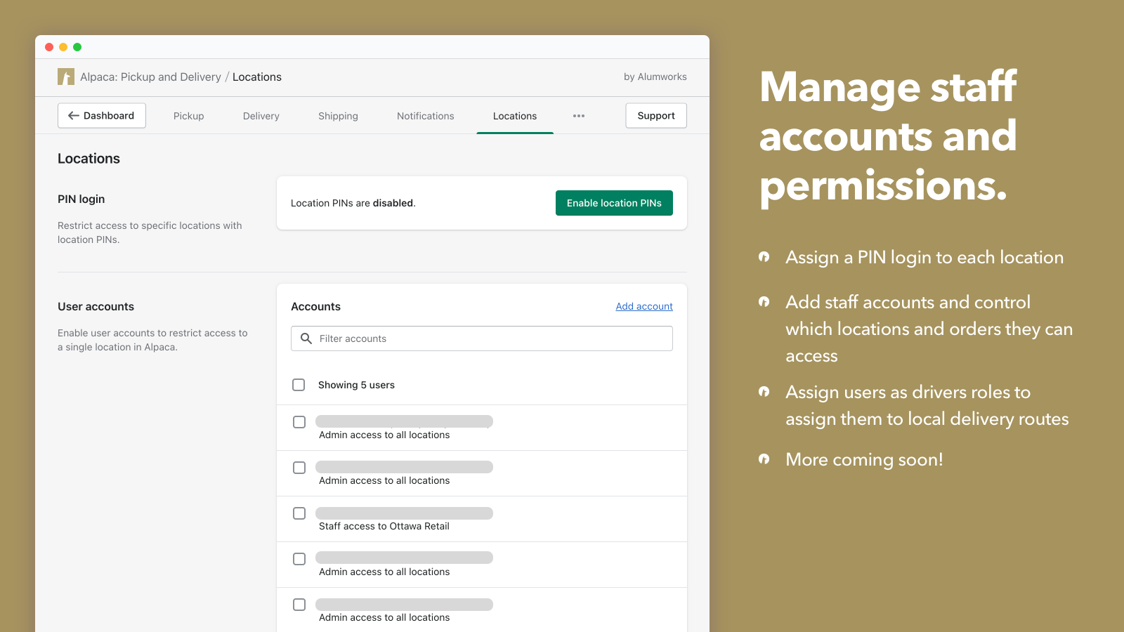 Manage staff accounts and permissions.