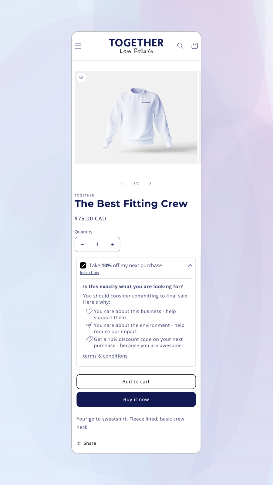 Mobile screenshot of settings page on a purple background