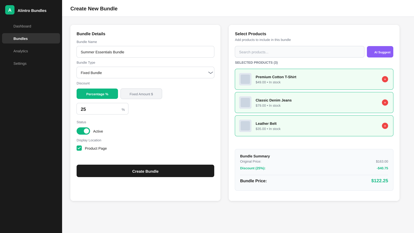 Bundle creation interface with product selection and discount se