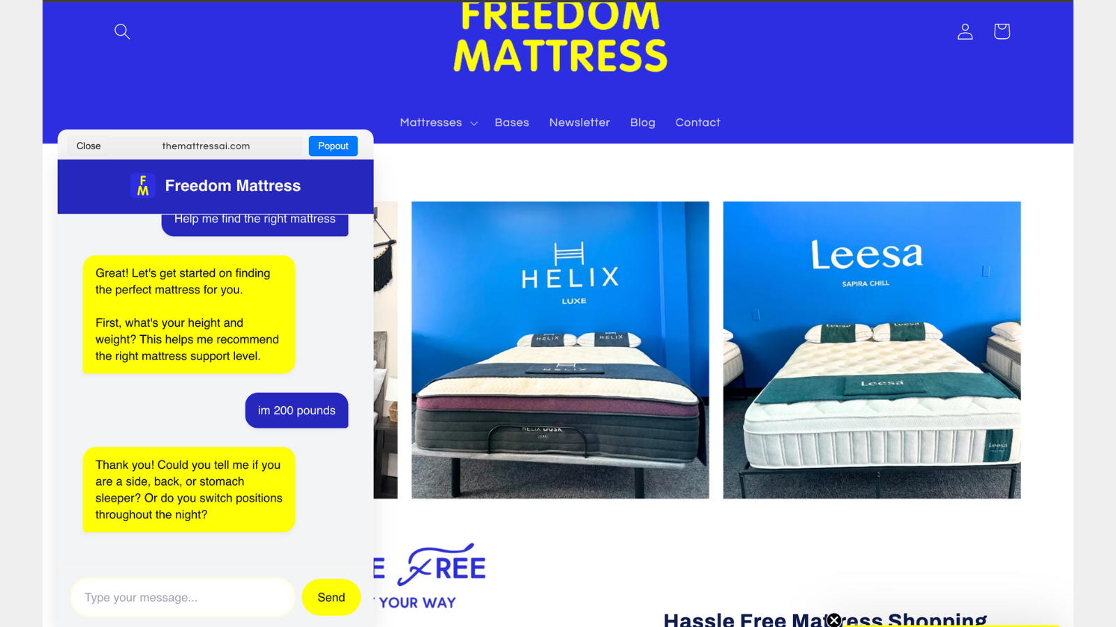 AI chat widget helping customers find the perfect mattress