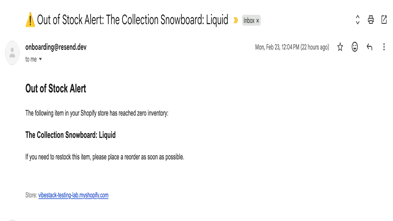 Out of stock email alert sent to merchant with product name and 