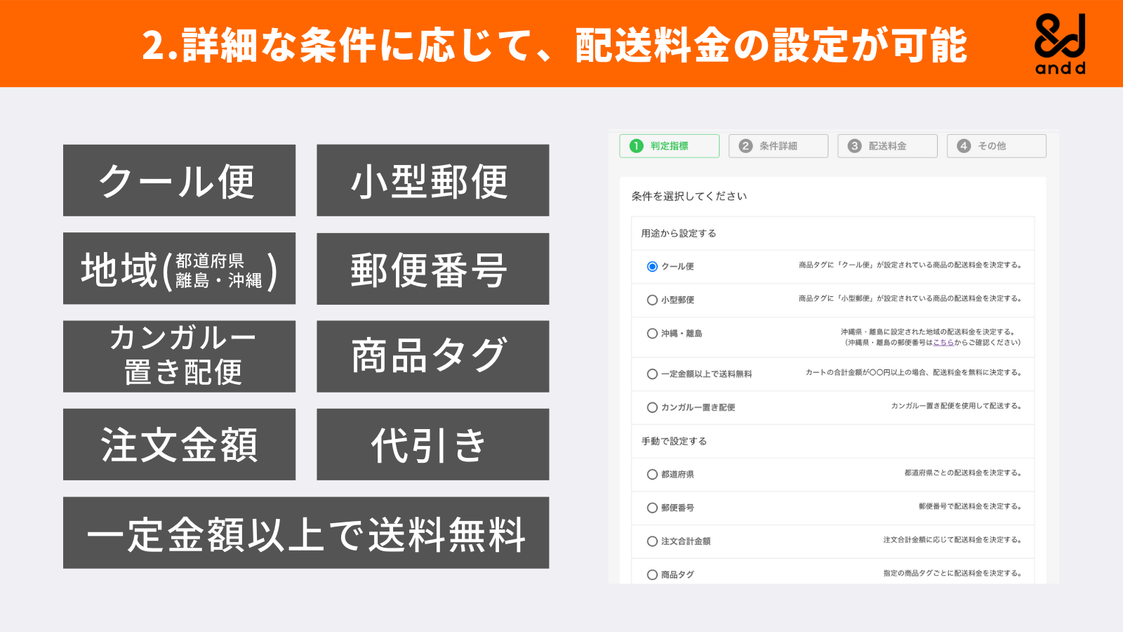 詳細な条件に応じて、配送料金の設定が可能