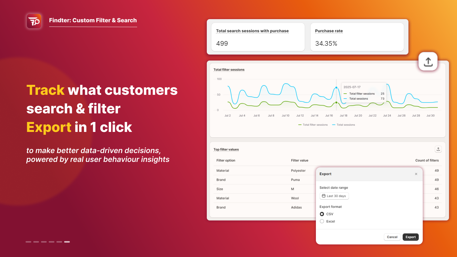Track what customer search & filter, export in 1 click