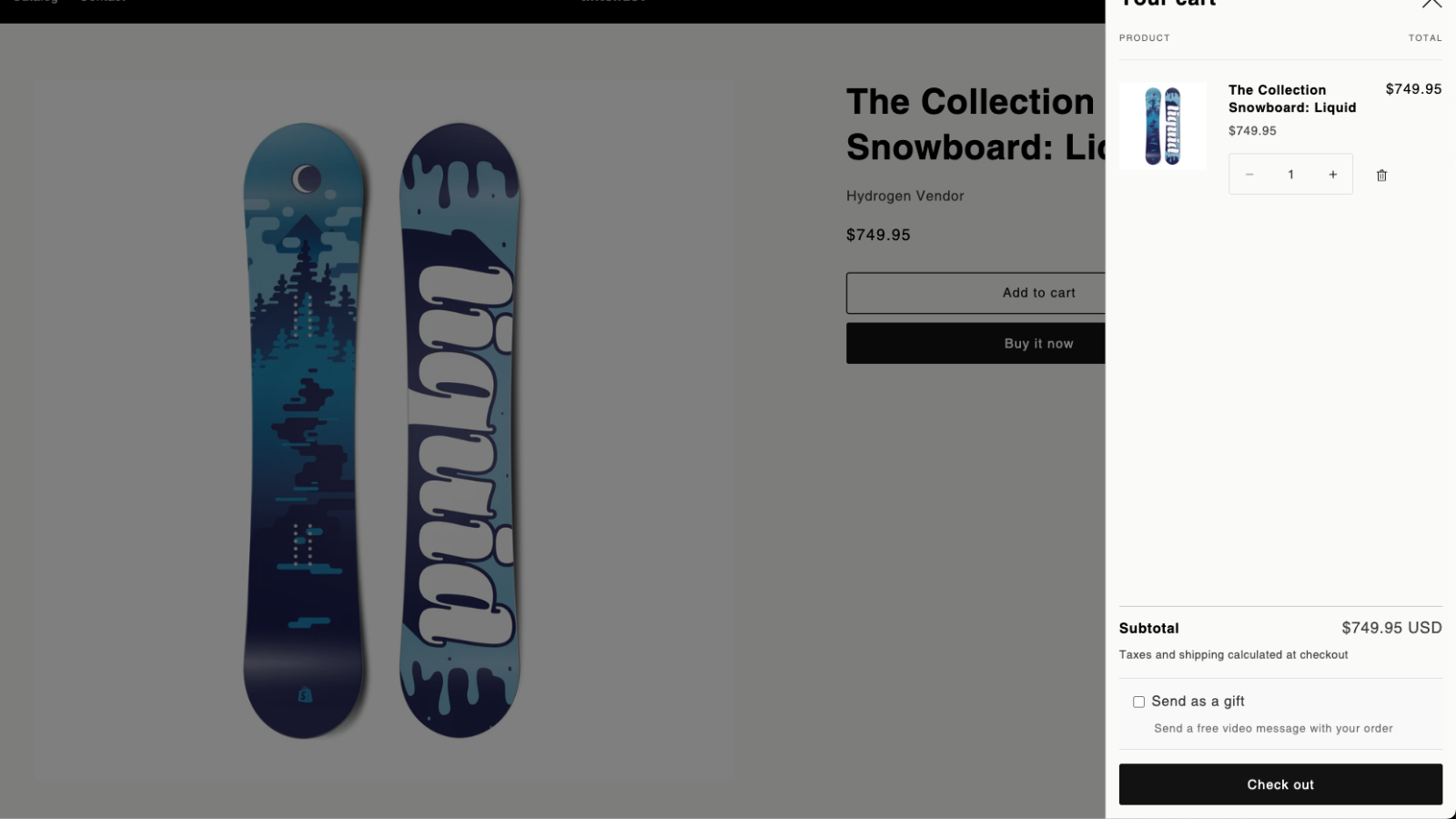 Cart drawer with snowboard and unchecked “Send as a gift” option