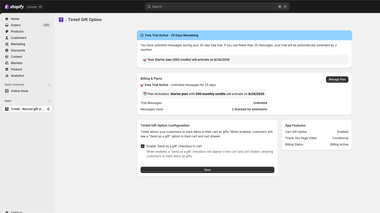 Tintell Gift Option admin: free trial banner & gift checkbox