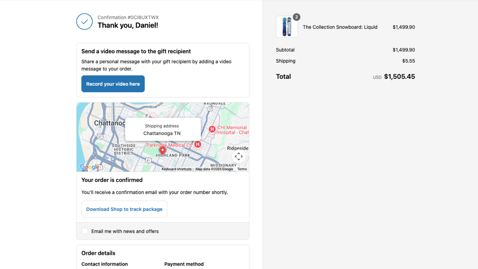 Order confirmation with button to record video gift message 
