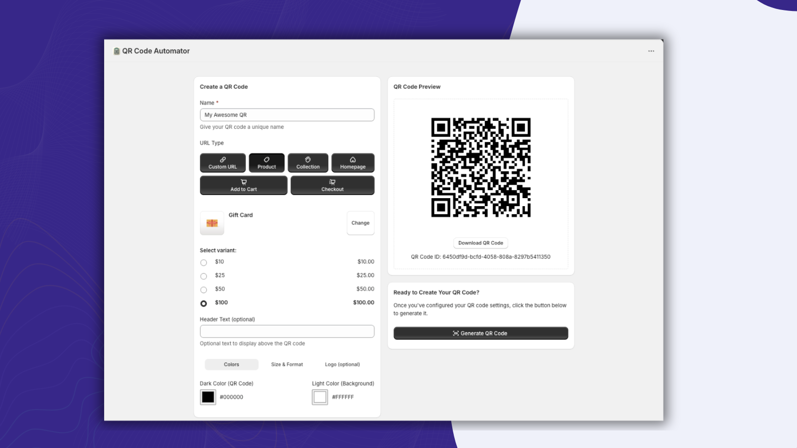 QR code generator interface with customization options for color