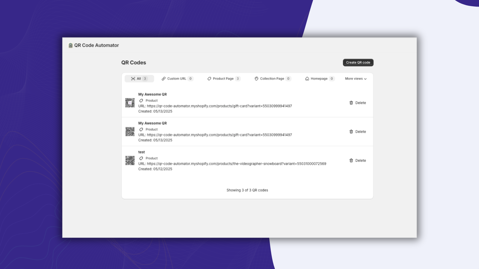 Generated QR codes list with show/delete/download option
