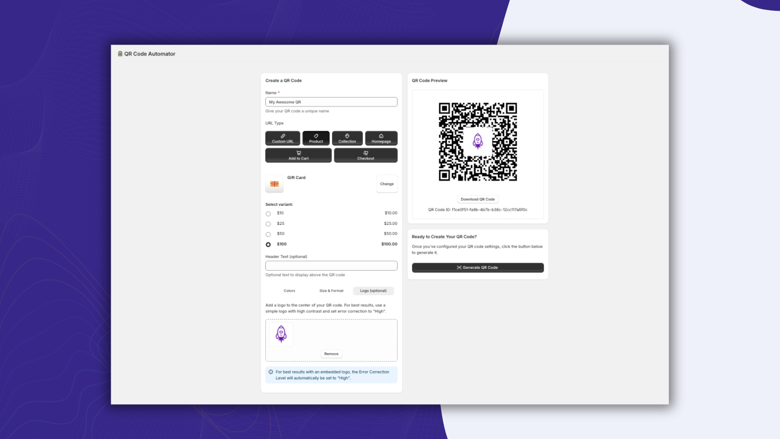 Product selection screen for creating product-specific QR codes