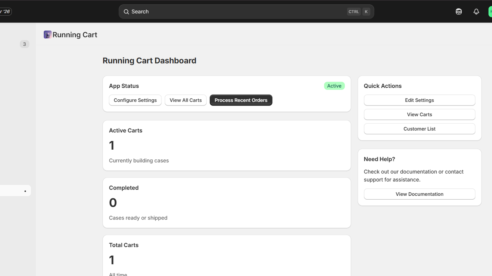 Merchant dashboard showing active running carts and statistics
