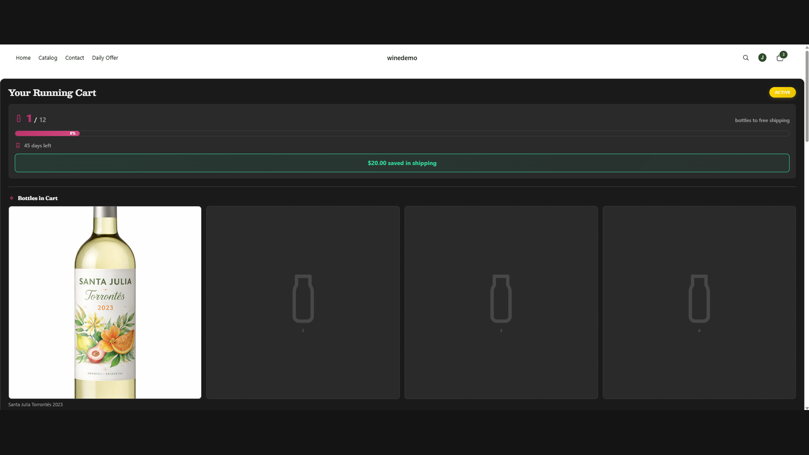 Running cart drawer showing customer's bottle progress on store