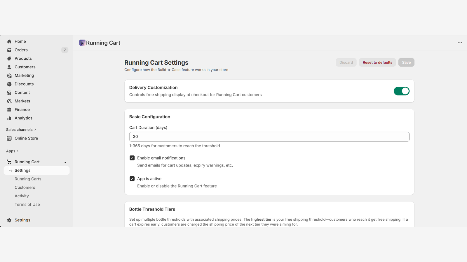 Settings page to configure thresholds, duration and messaging