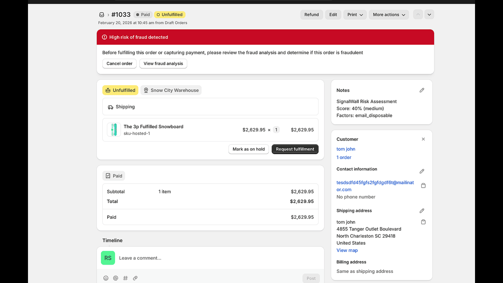Shopify order flagged with risk tags and score breakdown