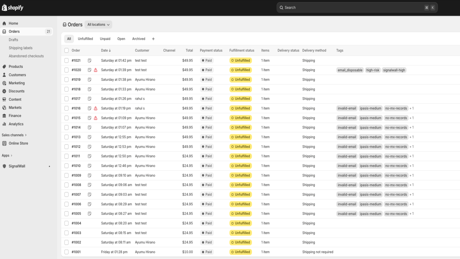 SignalWall dashboard with fraud stats and recent orders
