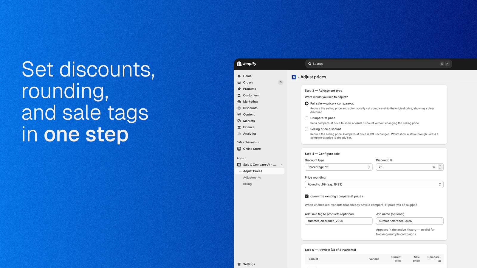 Set discount type, percentage, rounding, and tags