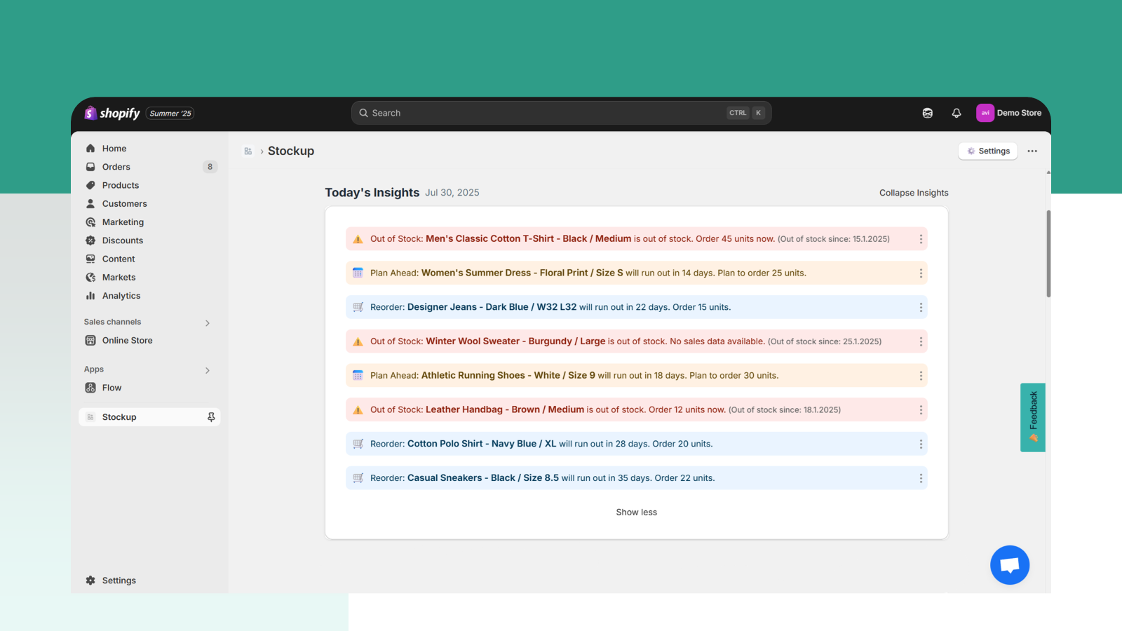 Stockup app dashboard inside Shopify showing daily inventory ins