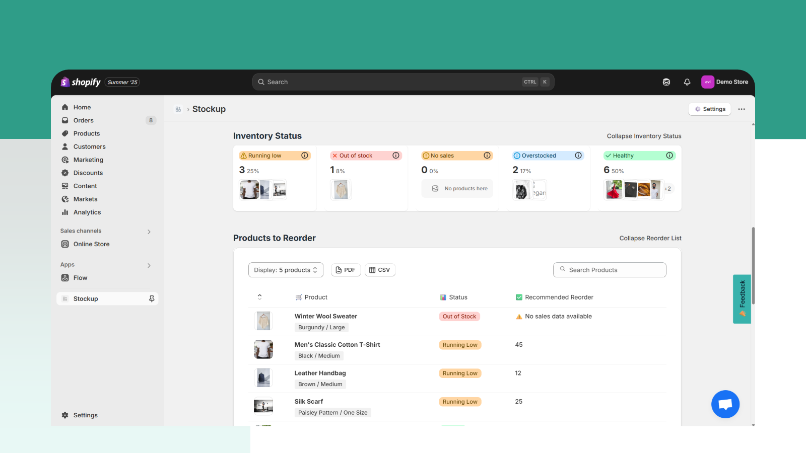 Stockup inventory status overview and reorder list in Shopify wi