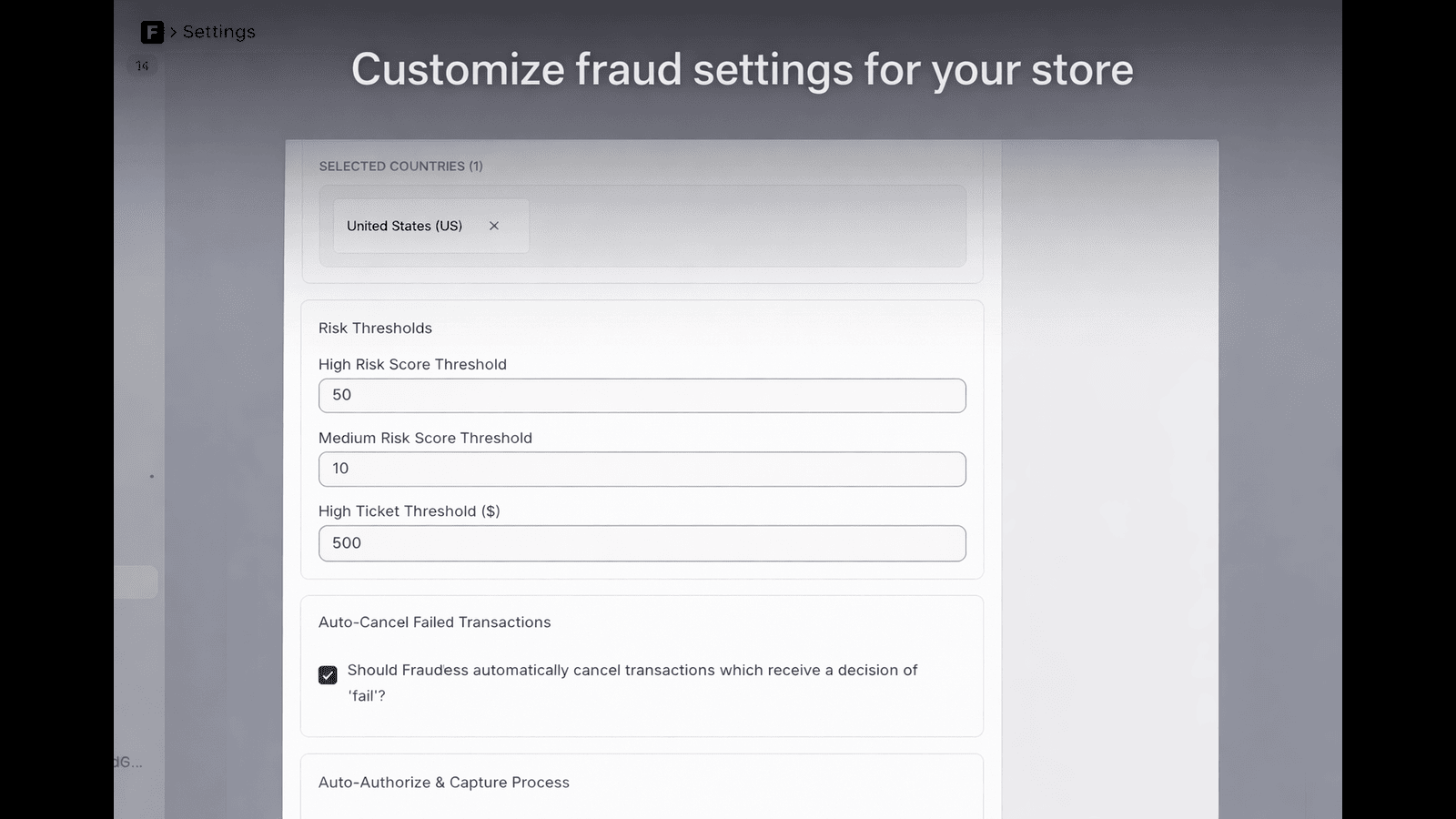 Settings: Risky countries, Auto-capture fraud orders