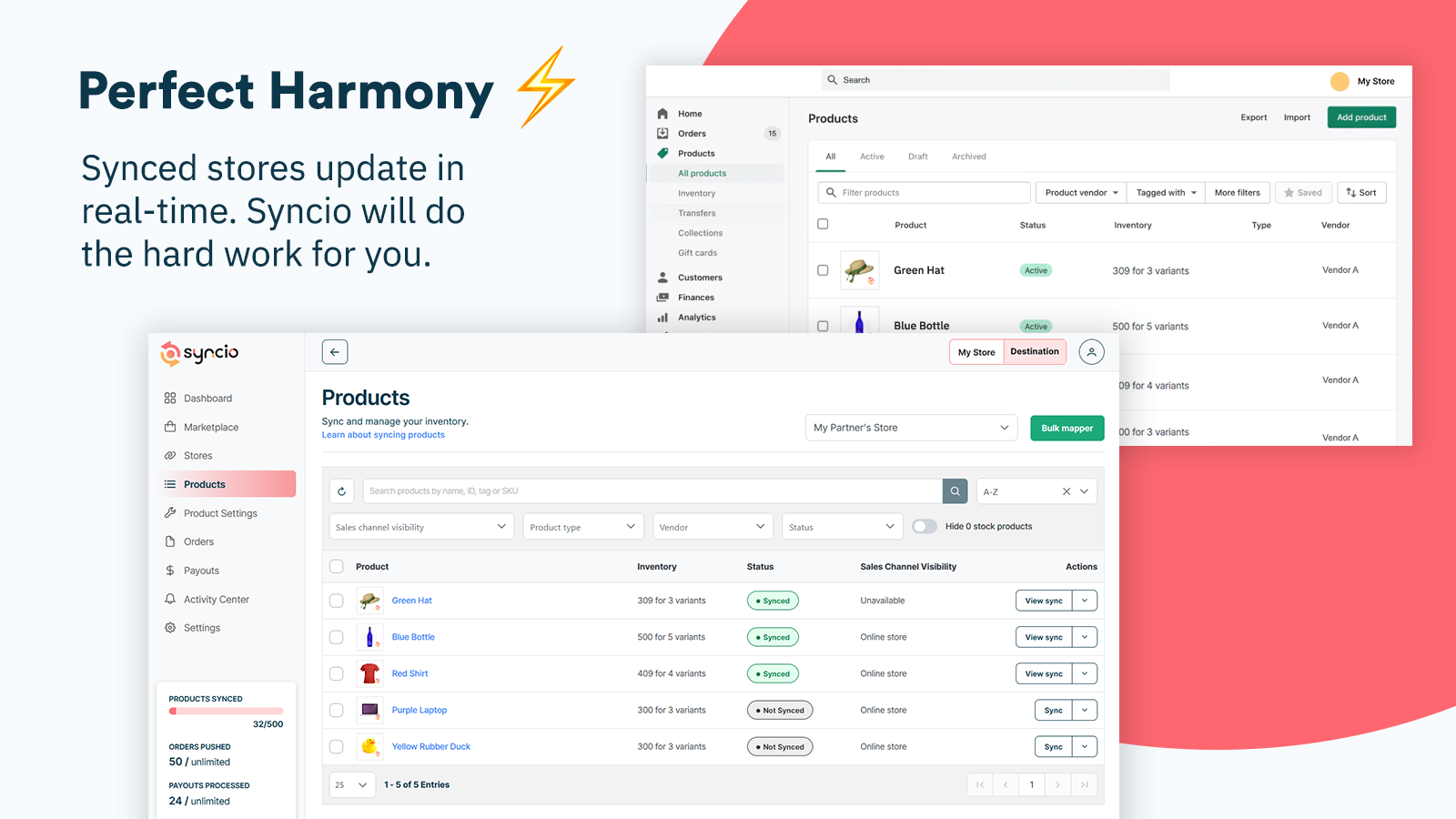 syncio app screenshot showing products synced to Shopify store
