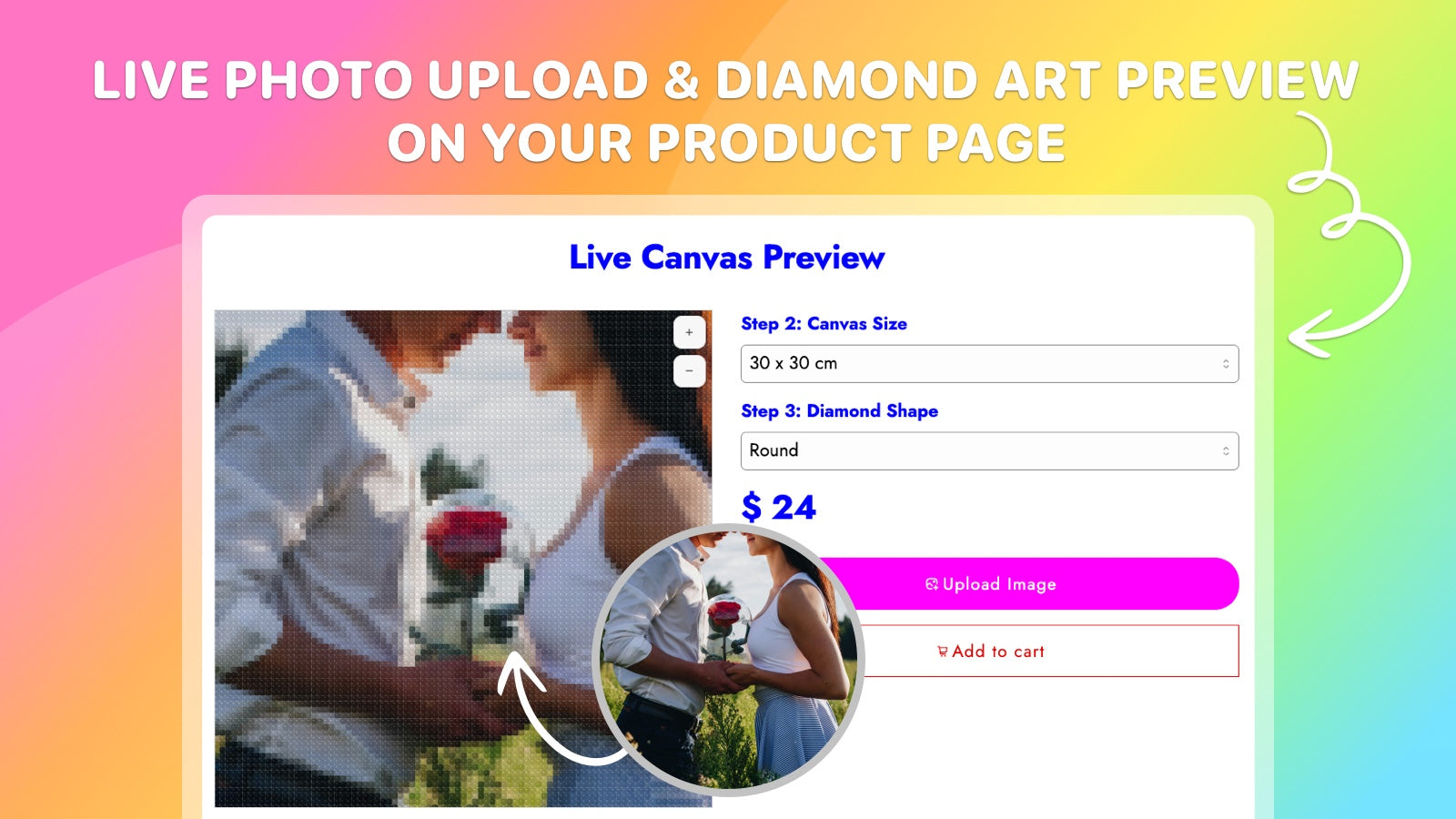 Live photo upload & diamond art preview on your product page