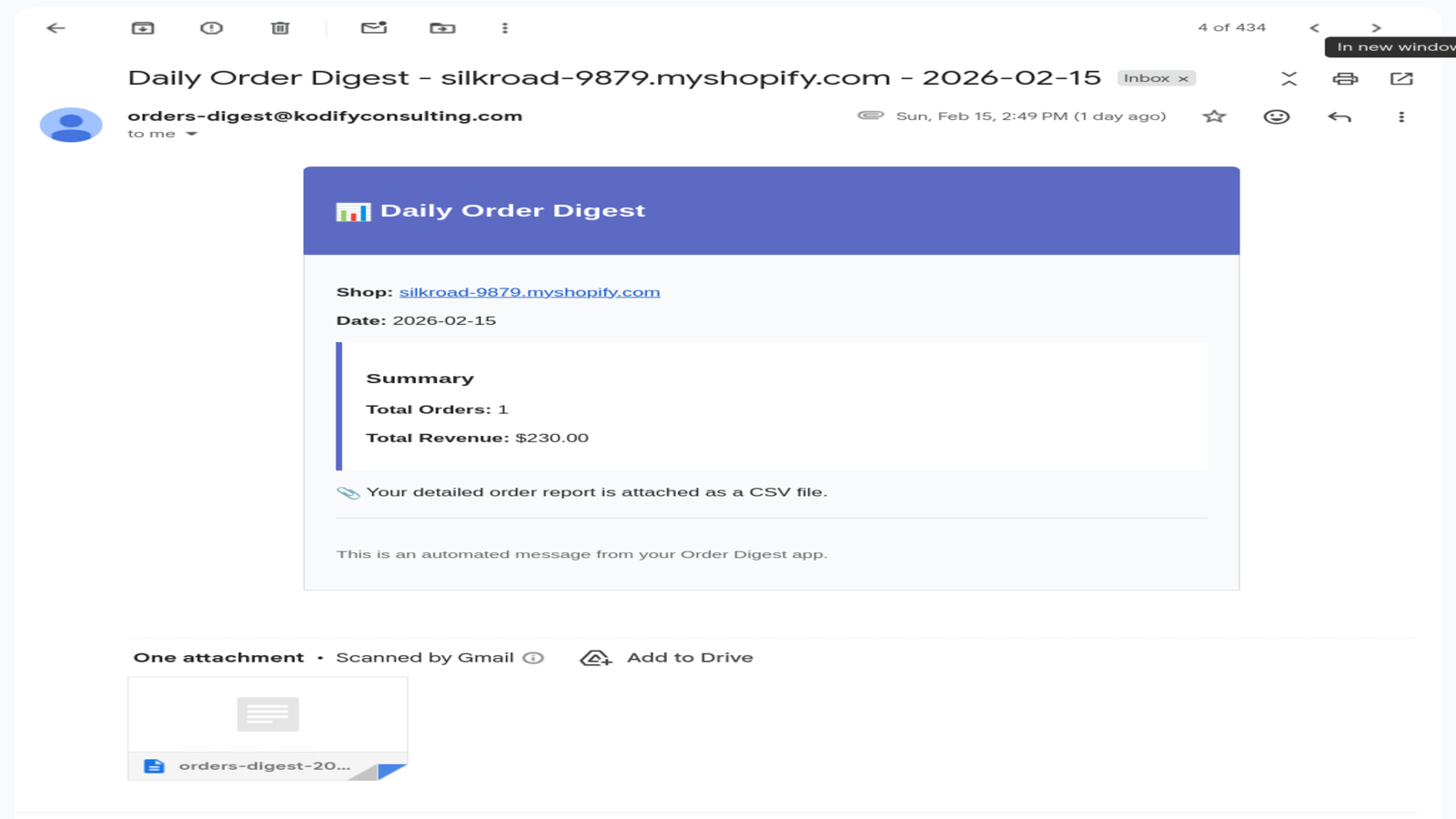 Daily Order Digest email showing order summary and CSV attachmen
