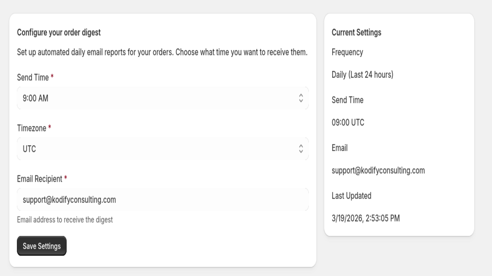 Order Digest dashboard showing active configuration