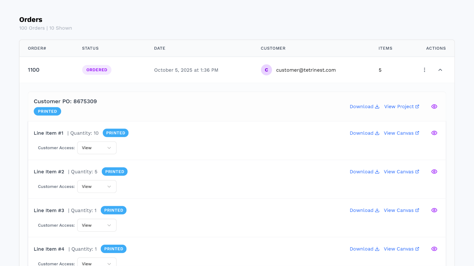 Order Management System displaying gangsheet orders with status 