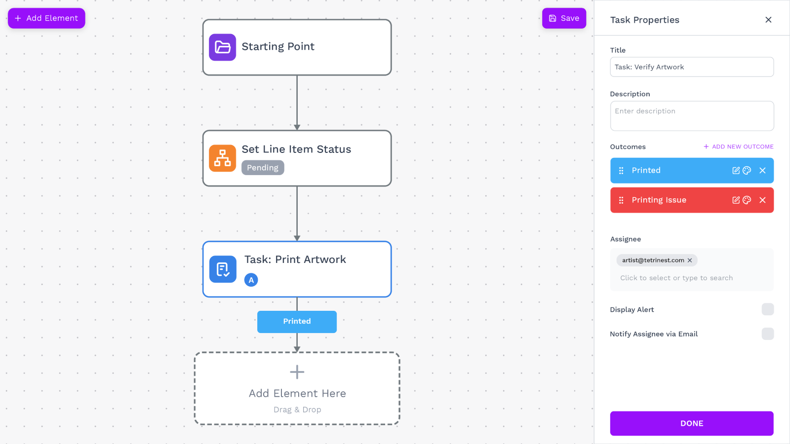 Workflow builder showing automated order flow and hold/unhold st