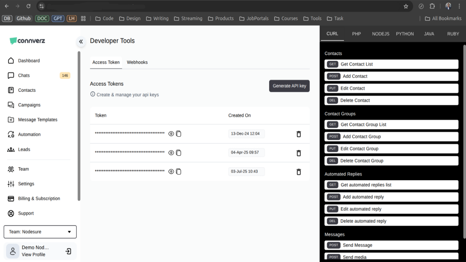 Go to connverz to get/create your access token