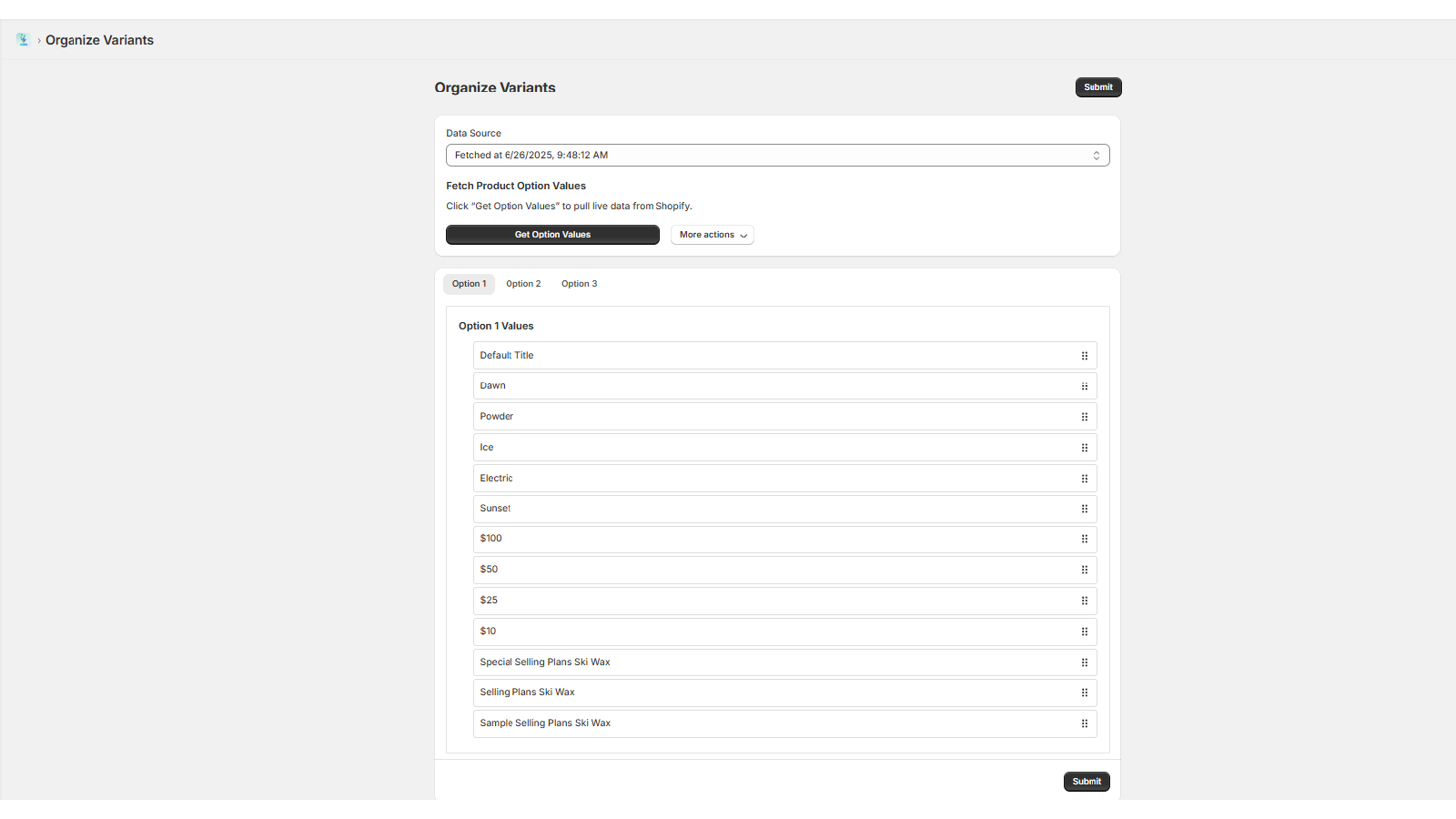 Variant Organizer page