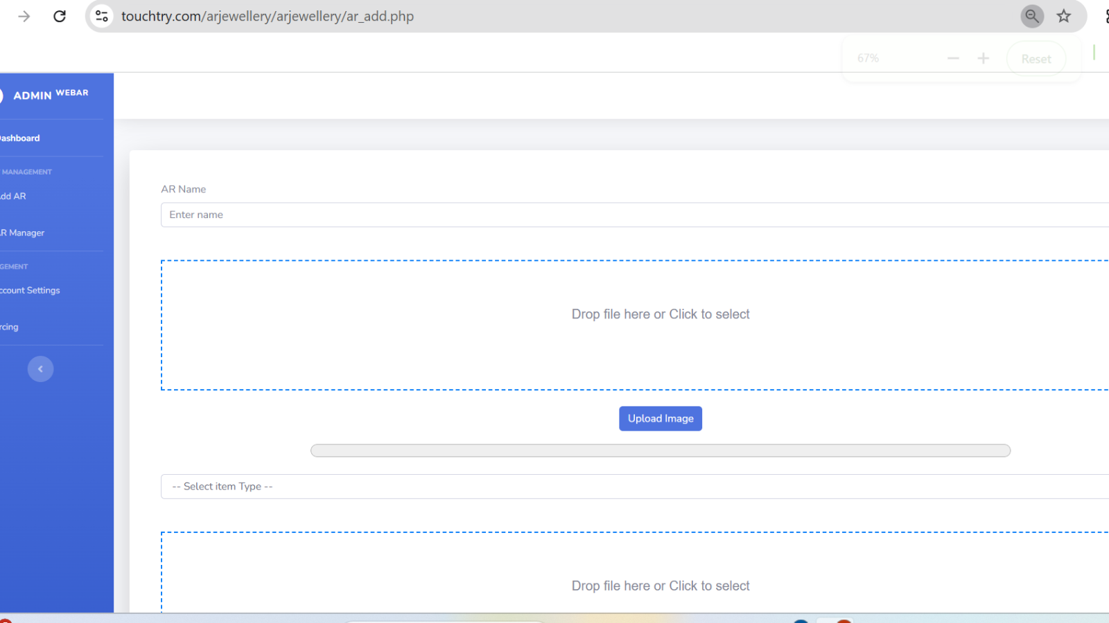 JwelAR dashboard where merchant adds 3D model URL