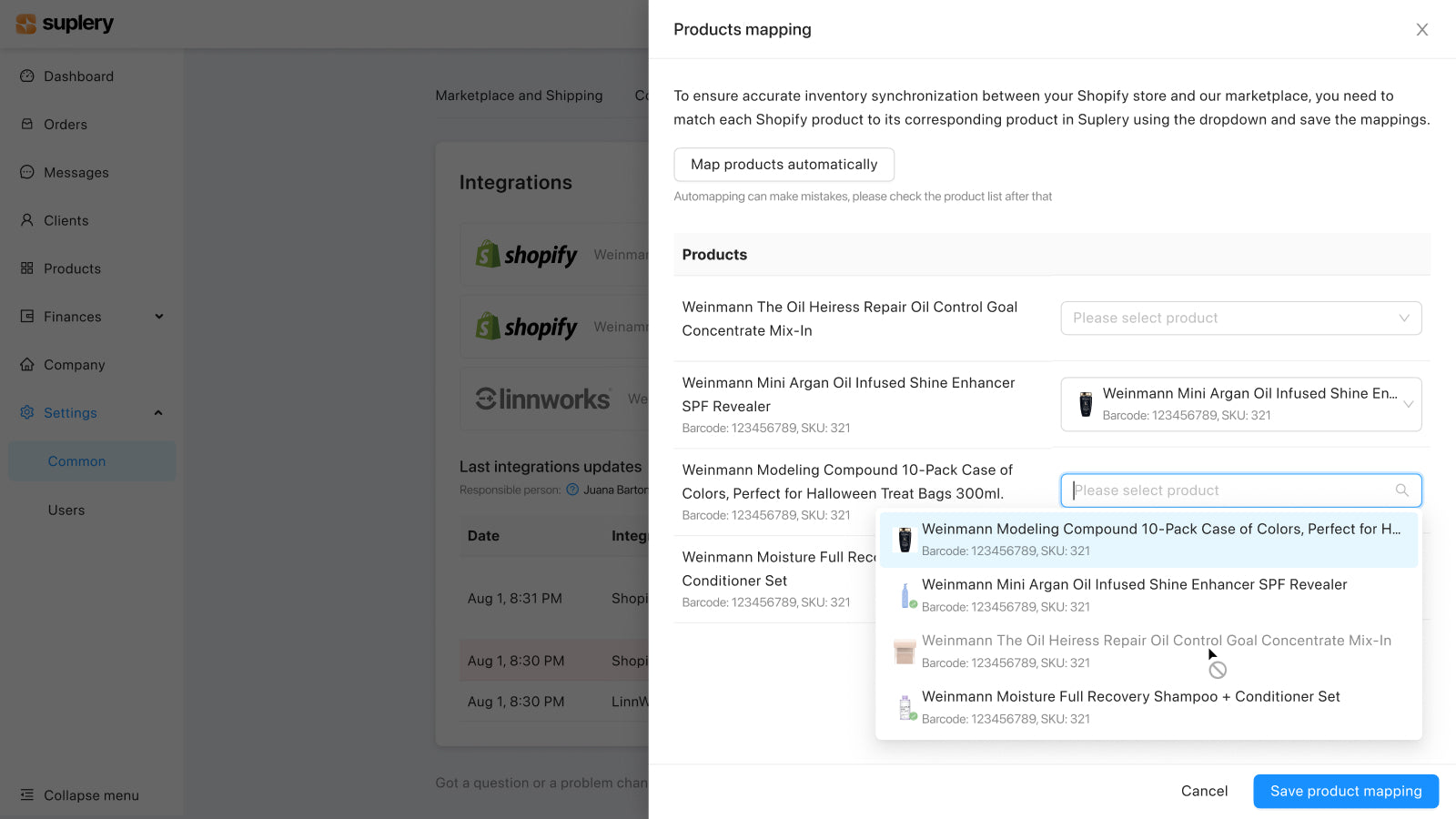 Mapping products between Suplery and Shopify