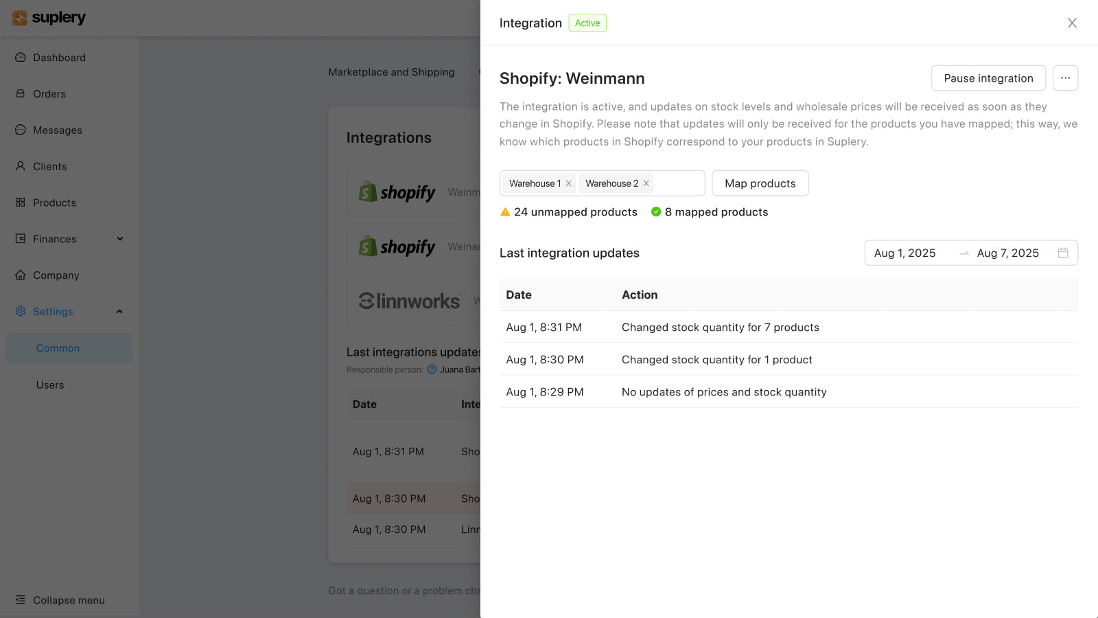 Shopify integration settings in Suplery