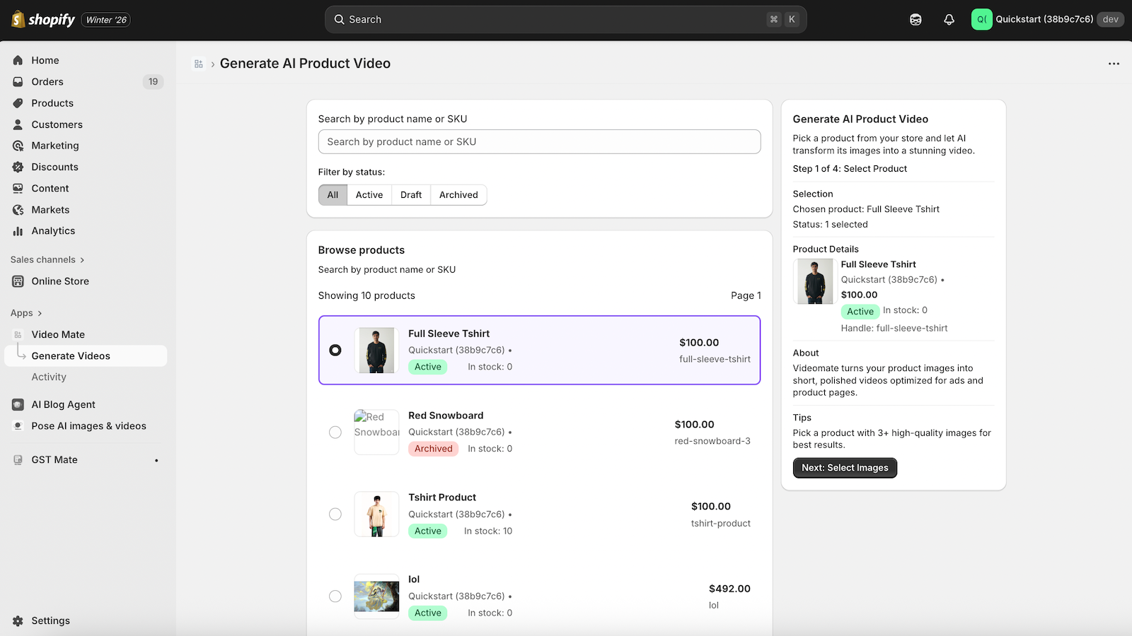 Select a product to start creating your AI-powered video instant