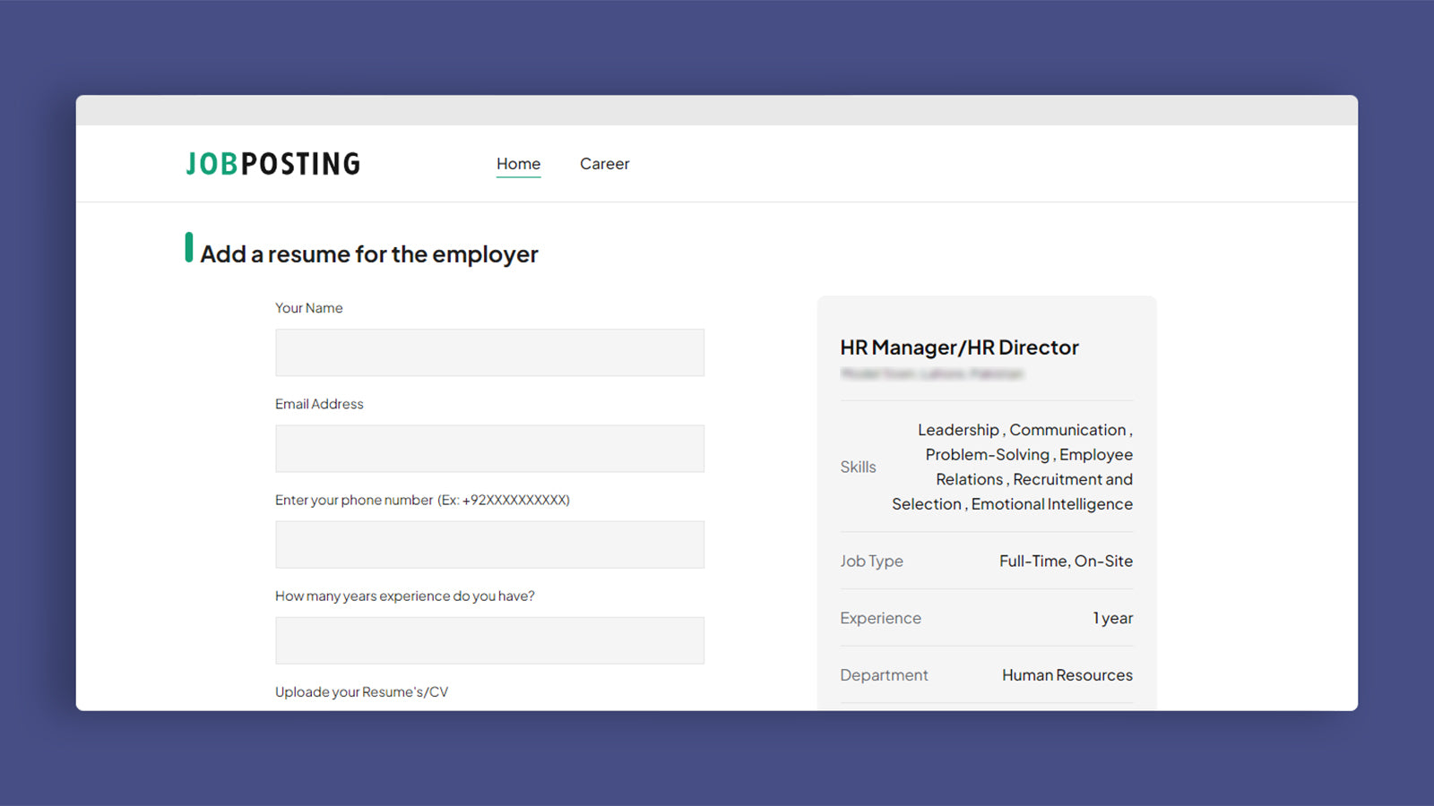 Application Submission Page