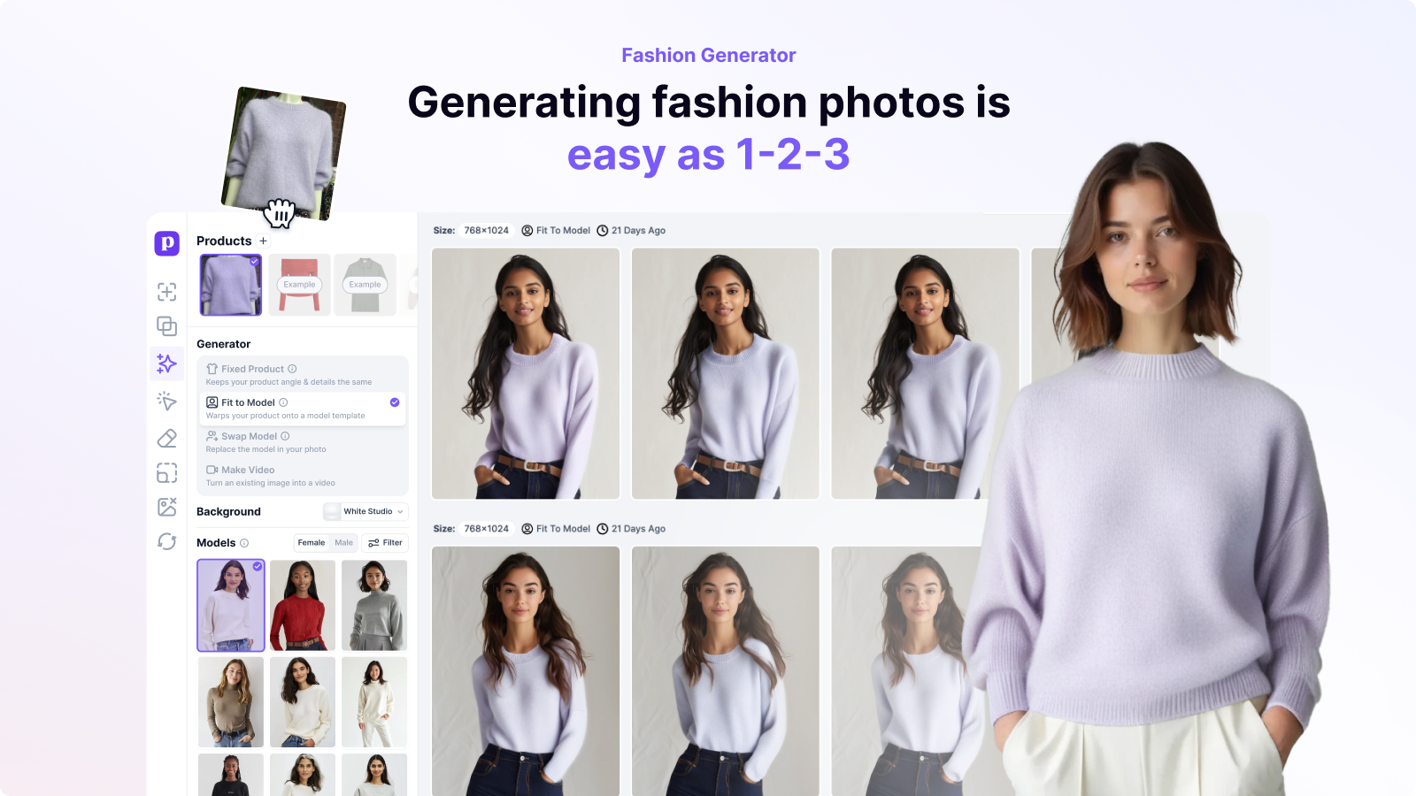 Generate fashion model photos from flat lays using Picjam AI.