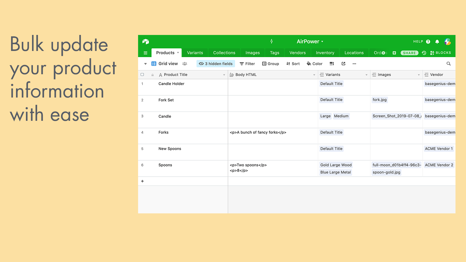 Bulk product editing using Airtable