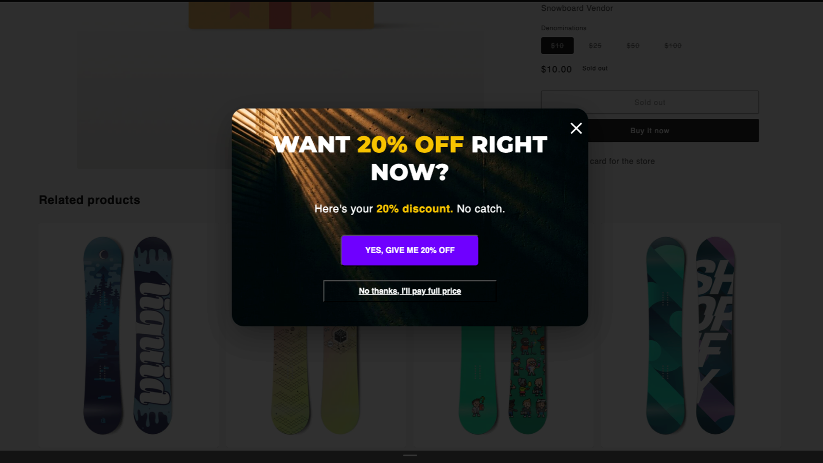 Live exit-intent popup on a Shopify product page