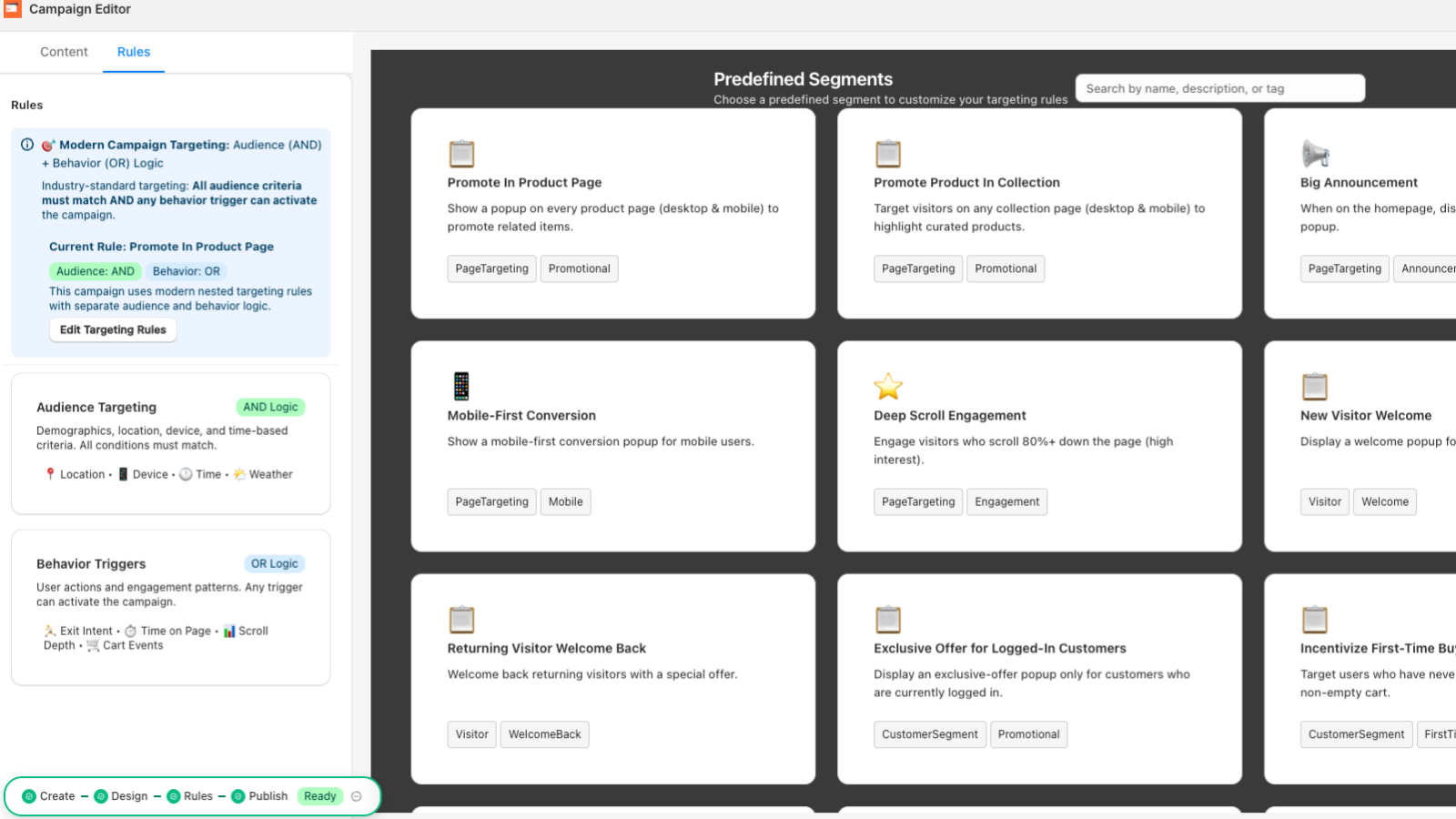 Predefined targeting segments for visitor behavior