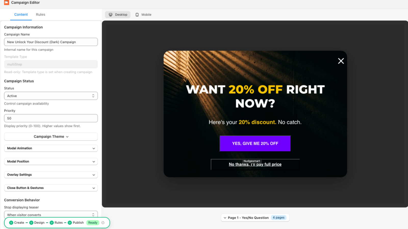 Visual editor with live desktop preview of discount popup