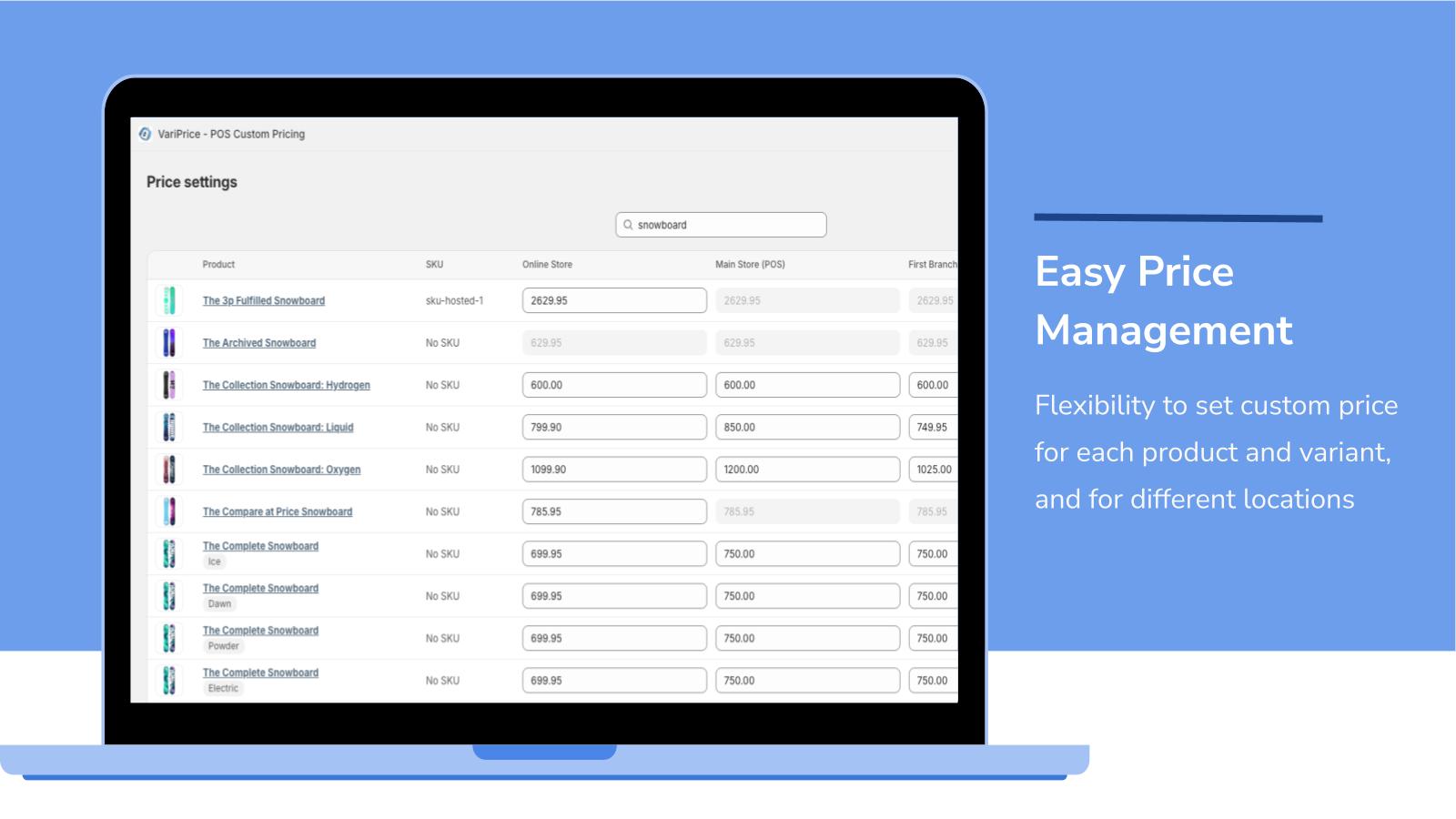 Page for modifying custom prices