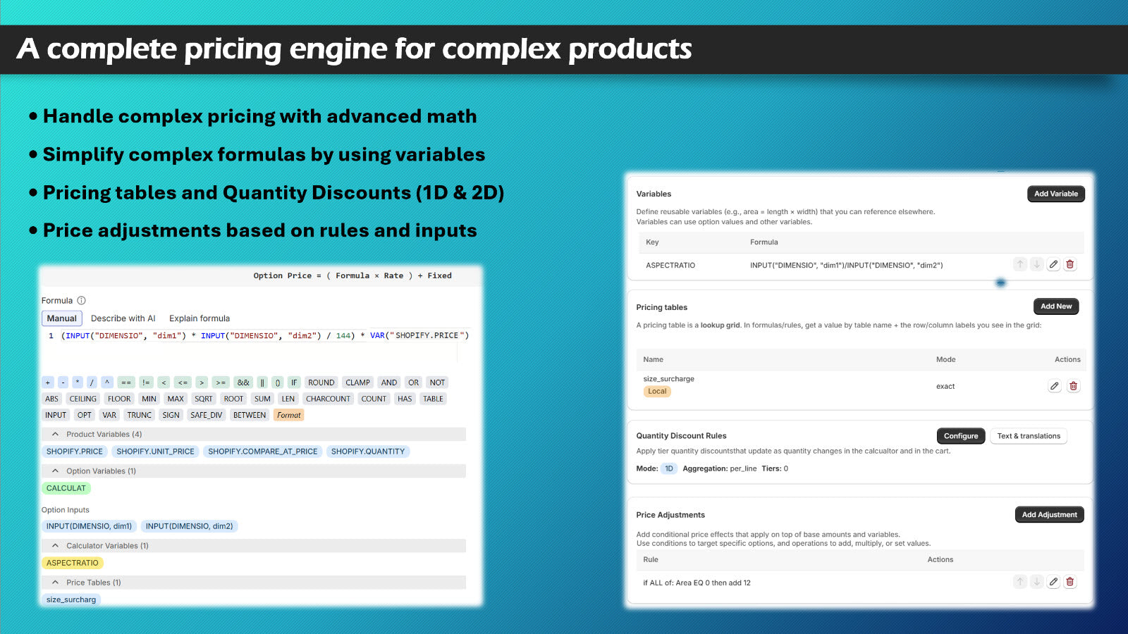 Support formulas, pricing tables, and advanced rules
