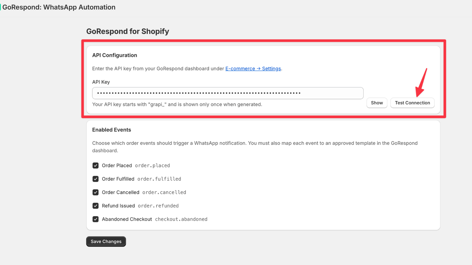 GoRespond settings page with API key field and Test Connection