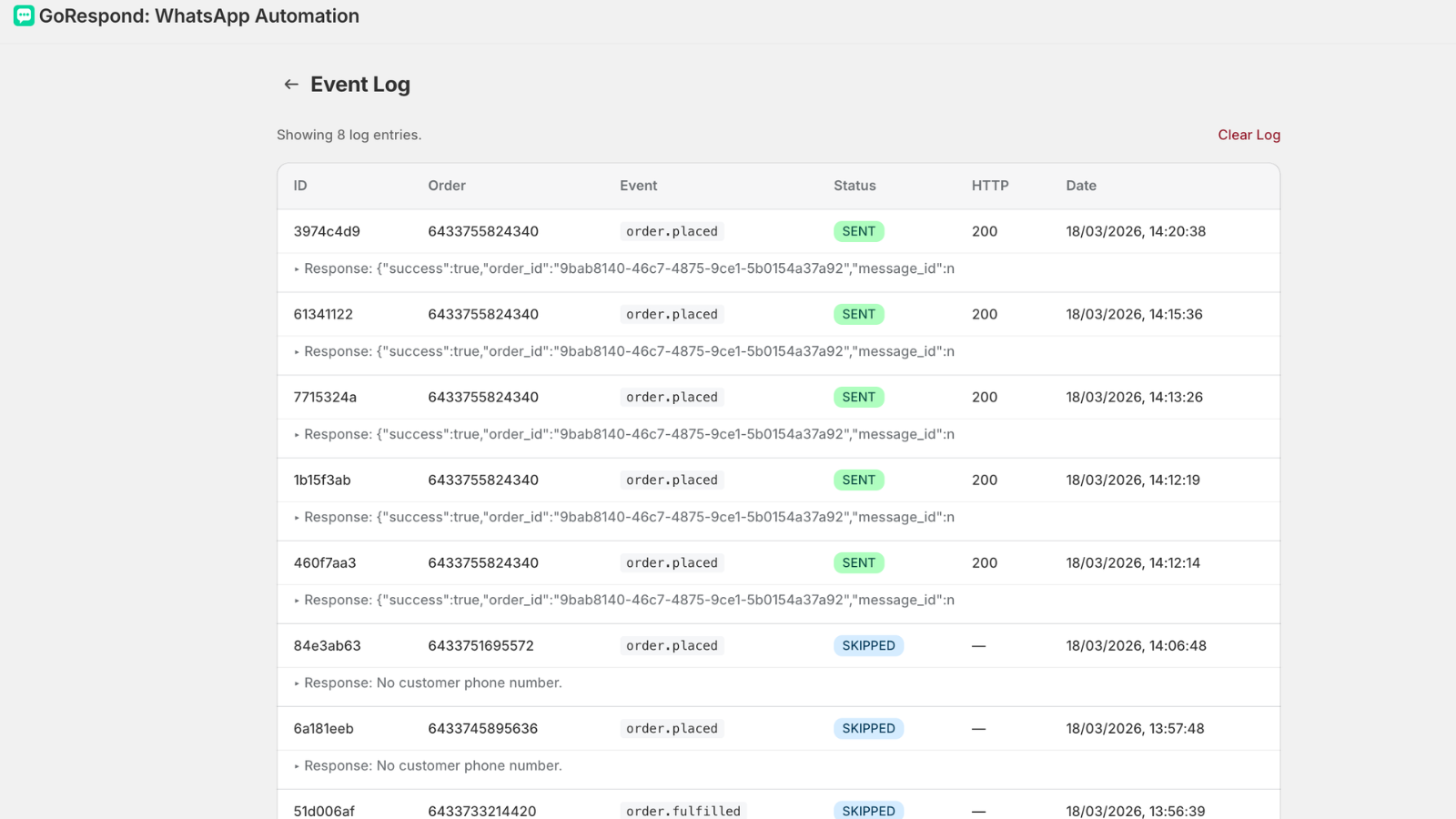 Event log showing sent and skipped messages with response detail