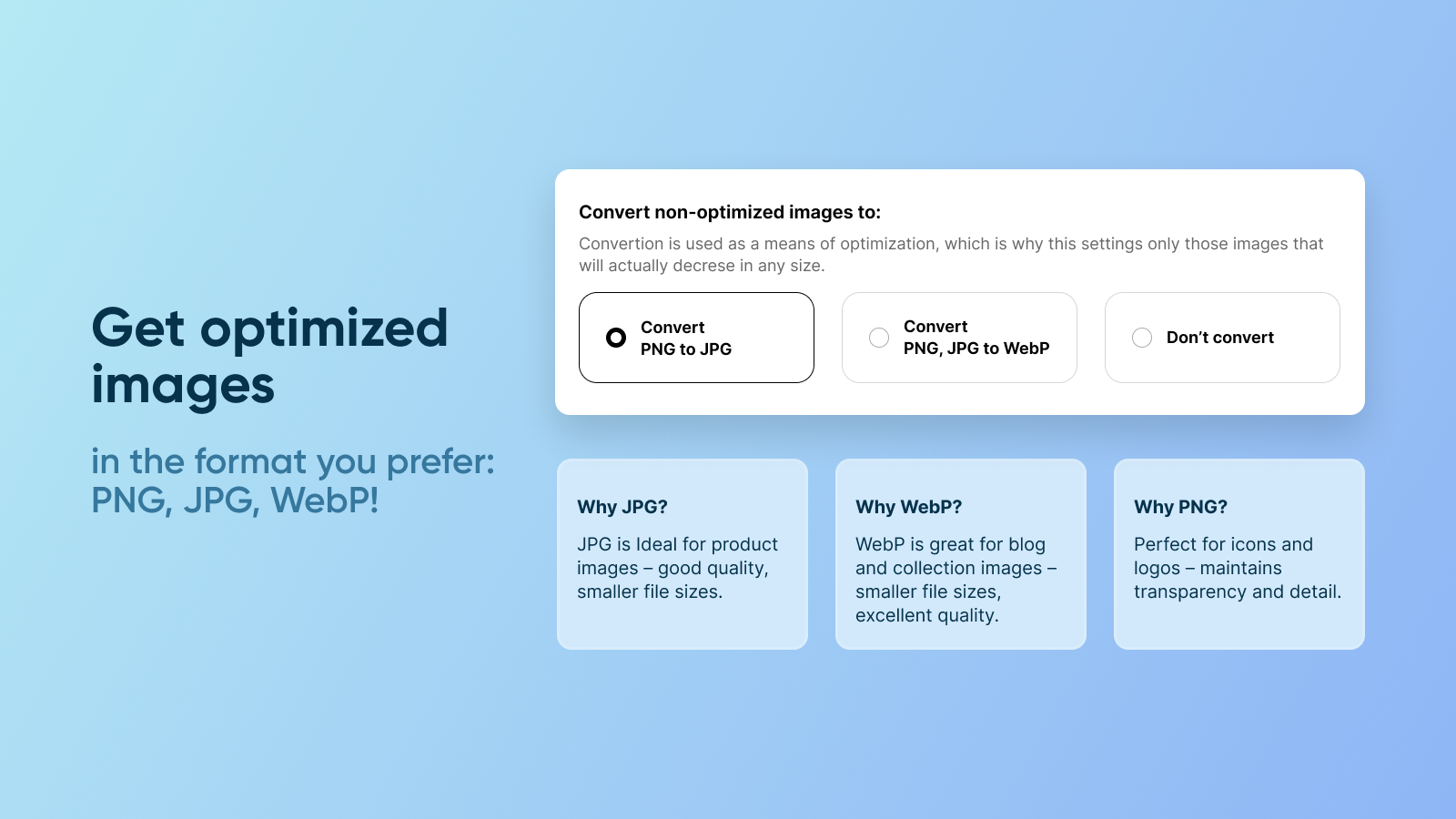 Get optimized images in PNG or covert to JPG, WebP format