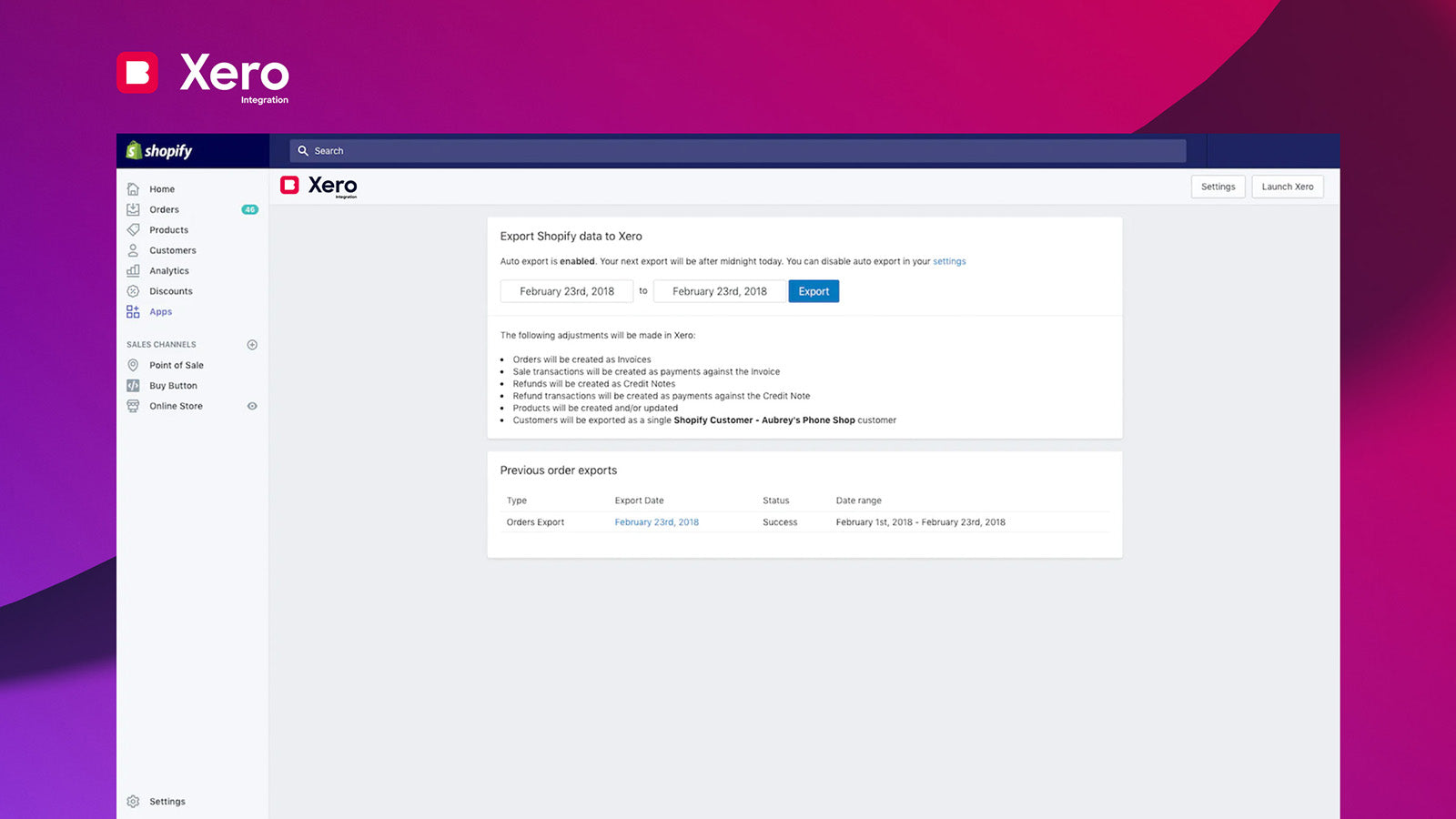 View Export / Xero Sync History