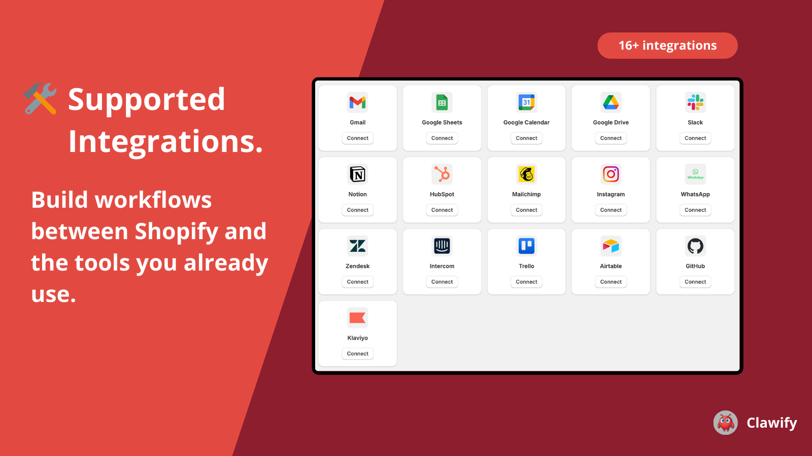 List of integrations linking Clawify to popular SaaS tools