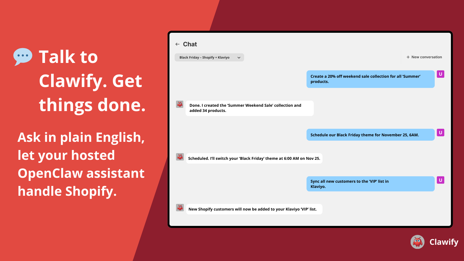 Chat with Clawify AI assistant automating Shopify tasks